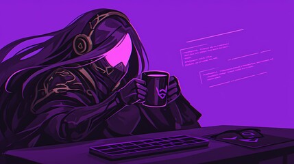 Obraz premium A mysterious figure cloaked in shadows, immersed in the digital world.
