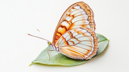 A stunning butterfly perched gracefully on a green leaf, showcasing its vibrant orange and white wings, symbolizing nature's beauty.