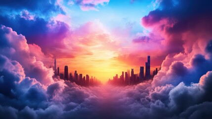 A stunning sunset over a city skyline, surrounded by vibrant clouds in hues of pink, purple, and blue, creating a magical scene.