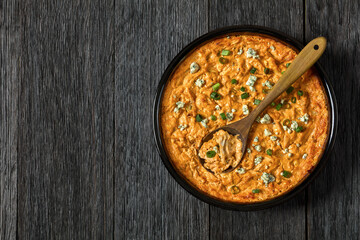 hot buffalo chicken dip in baking dish, top view