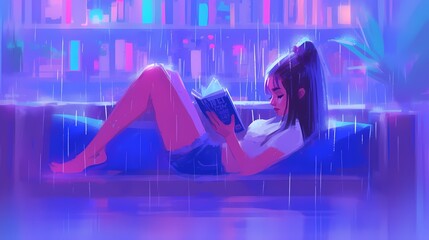 A serene girl reading indoors during a rainy day, immersed in her book.
