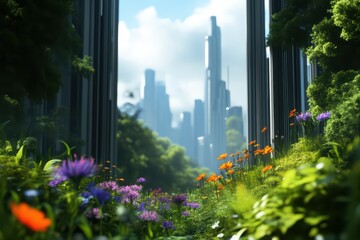 Fototapeta premium A vibrant cityscape emerges through a lush garden, showcasing the harmony of nature and urban development in a bright, sunny scene.