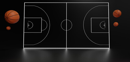 Obraz premium Balls with basketball court. Sport concept design. Black background. Sport online live. bet casino design. goal competition. motion graphic. 3d template design. Space for text.