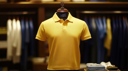 Fototapeta premium A yellow shirt with the on it is hanging on a mannequin