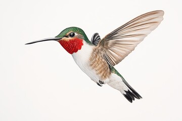 Fototapeta premium A vibrant hummingbird in mid-flight, showcasing its dazzling feathers and iridescent colors against a clean background.