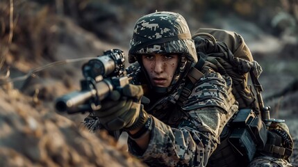 Fototapeta premium an soldier holding a grenade in the hills illustrative photo