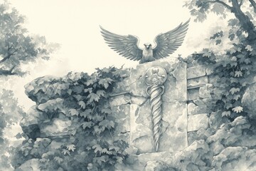 Obraz premium Serpent and Staff Caduceus Ancient Carving Various Hermeticism, Greek Mythology Religion Spiritual Symbol