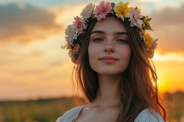 A young, pretty woman with a floral wreath on her head at sunset.