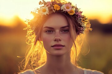 Young beauty wearing a flower crown, silhouetted against the sunset.