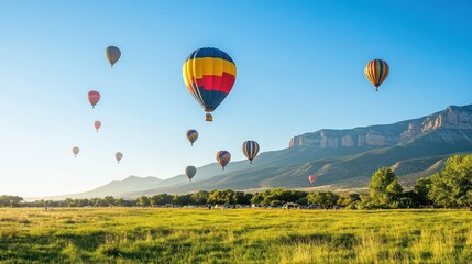 Naklejka premium A large group of hot air balloons are flying in the sky over a grassy field