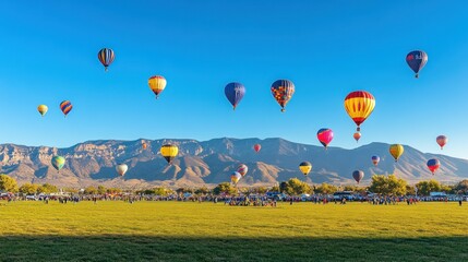 A large group of hot air balloons are flying in the sky over a grassy field