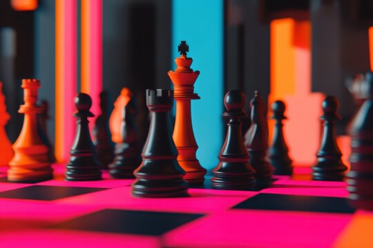 Colorful chess pieces stand on a vibrant board, showcasing strategy and creativity in a modern game setting.