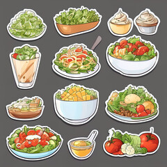 Collection of cartoon salad stickers.