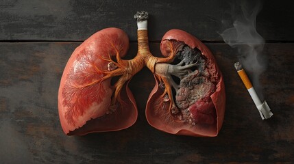 A healthy lung compared to a lung damaged by smoking with a cigarette on a wooden background.