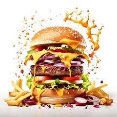 Delicious burger with isolated on white background Tasty cheeseburger splash sauce