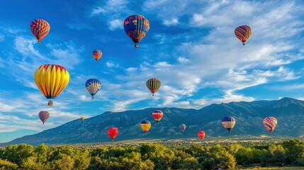 Fototapeta premium A large group of hot air balloons are flying in the sky over a grassy field