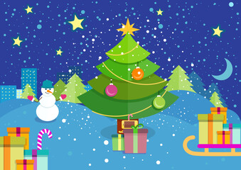 Obraz premium Holiday illustration depicting Christmas tree, snowman, presents, cityscape. Winter festivities gift-giving, urban celebration, snowy night, seasonal decor, family traditions, joyful atmosphere