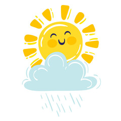 Hand drawn vector illustration of smiling sun and rainy cloud