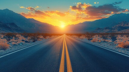 Open road stretching into the distance with a vibrant orange sunset over the mountains