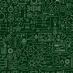 Physics Chalkboard Line Seamless Pattern. Vector Illustration of Education Outline Background. Linear Laboratory Subject Sign. Mechanics, Optics and Nuclear Texture.