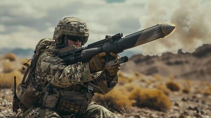 a military people holding rocket launcher in the arid desert