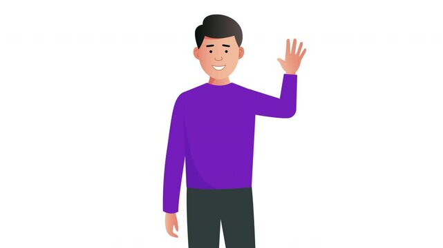 2D Illustrated male vector character waving hand and smiling animation. On white background.