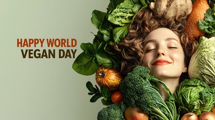 Vibrant "HAPPY WORLD VEGAN DAY" Banner Happy women face, vegetables with Fresh Produce on Green Background