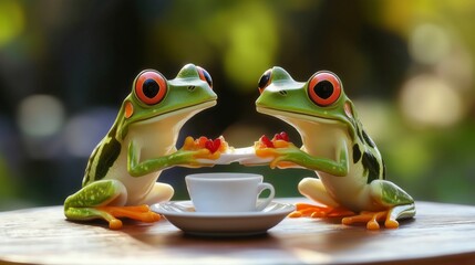 Two Playful Frogs Enjoying a Treat Together in Nature