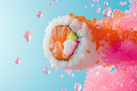 Vibrant sushi roll with salmon, colorful toppings, and artistic splash. Perfect for culinary and food-themed projects.