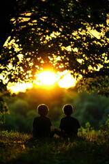 Two boys sit together against a radiant sunset, embodying the joy of childhood and friendship amidst nature. Their silhouettes create a heartwarming scene of camaraderie.