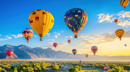 A large number of hot air balloons are floating in the sky, creating a colorful