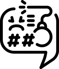 Speech bubble containing a bomb, angry emojis, and sharp symbols representing cyberbullying and online harassment