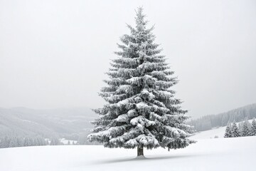 Naklejka premium Serene snowy landscape with single majestic fir tree