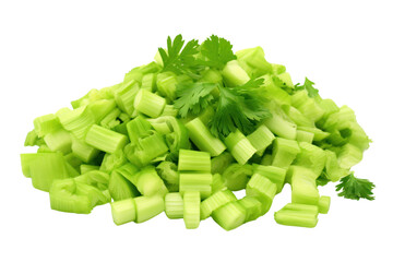 A pile of chopped celery pieces placed on a white surface, isolated on a white background.