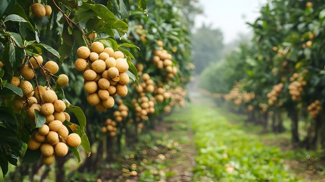 Stunning image of a thriving longan orchard showcasing the clusters of ripe amber colored longan fruits nestled amidst the lush verdant foliage  The serene
