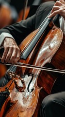 Fototapeta premium Closeup of a Cellist's Hands Playing a Cello.