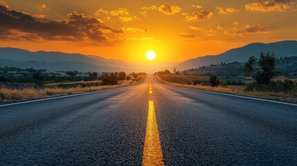 Naklejka premium Open road stretching into the distance with a vibrant orange sunset over the mountains