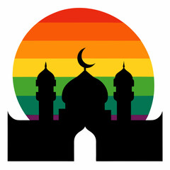 Mosque silhouette with a vibrant rainbow moon vector illustration. T-shirt design vector art.