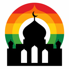 Mosque silhouette with a vibrant rainbow moon vector illustration. T-shirt design vector art.