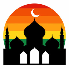 Mosque silhouette with a vibrant rainbow moon vector illustration. T-shirt design vector art.
