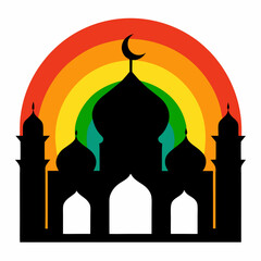 Mosque silhouette with a vibrant rainbow moon vector illustration. T-shirt design vector art.