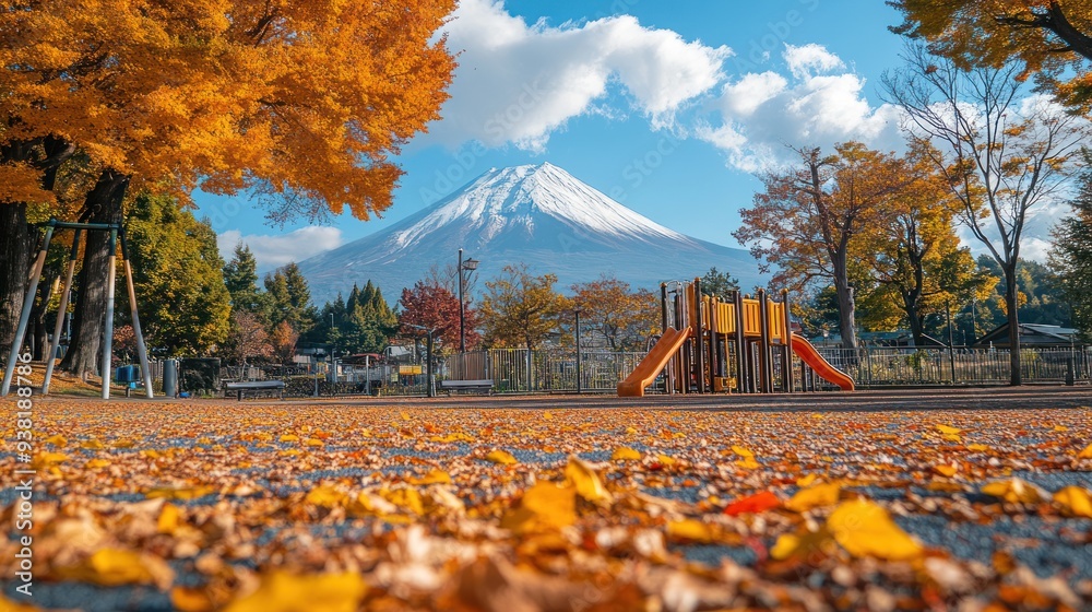 Wall mural A mountain with a snow covered peak and a field of yellow grass with red leaves falling