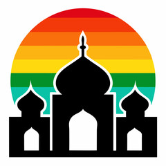 Mosque silhouette with a vibrant rainbow moon vector illustration. T-shirt design vector art.