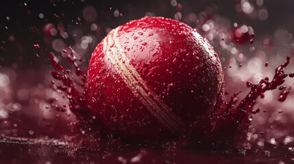 A vibrant red cricket ball splashes through water, creating dynamic droplets and sense of motion....