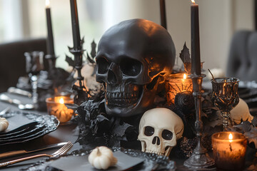 Spooky Halloween Table Decor, a festive arrangement featuring skulls, flickering candles, autumn leaves, and eerie accents creating a hauntingly beautiful dining atmosphere.