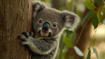 A cute koala clings to a tree, surrounded by lush greenery, perfect for nature-themed content, wildlife conservation articles, or Australian tourism promotional materials,