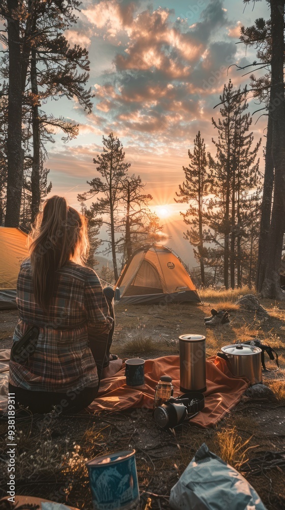 Poster Woman Camping in the Woods at Sunset.