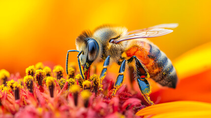 Fototapeta premium A close-up of a bee collecting pollen from a vibrant flower, perfect for themes related to nature, pollination, or the environment