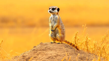 Fototapeta premium A meerkat stands alert on a mound in a sunlit field, ideal for wildlife, nature, or safari-themed projects, Could illustrate vigilance, teamwork, or environmental content,