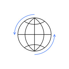 Minimalistic globe icon with arrows, symbolizing global communication, international connections, and networking. The design is clean and modern, focusing on worldwide interaction and exchange.